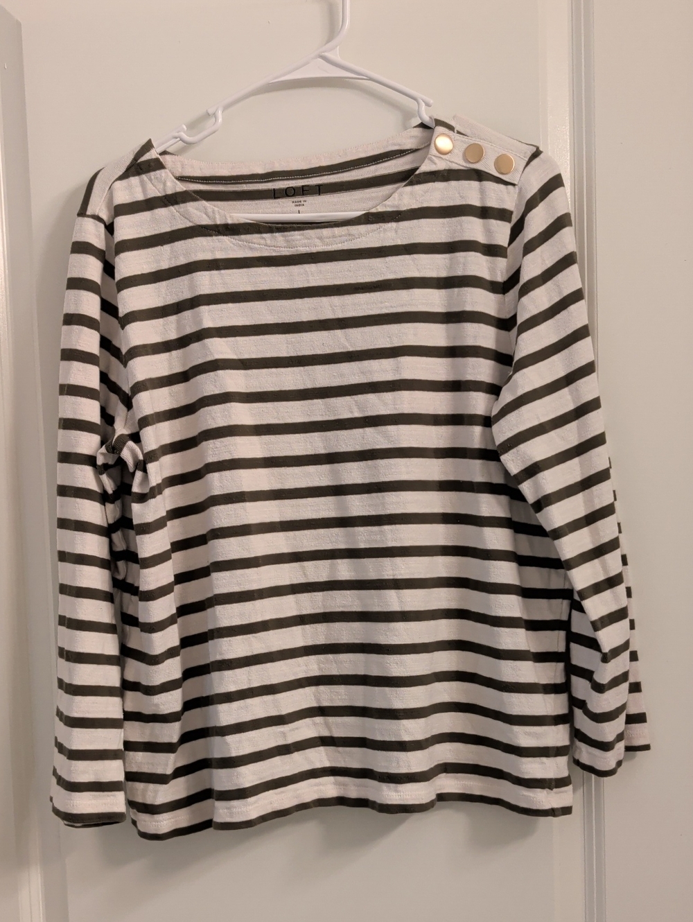 LOFT Striped Button Long Sleeve Top in White and Green